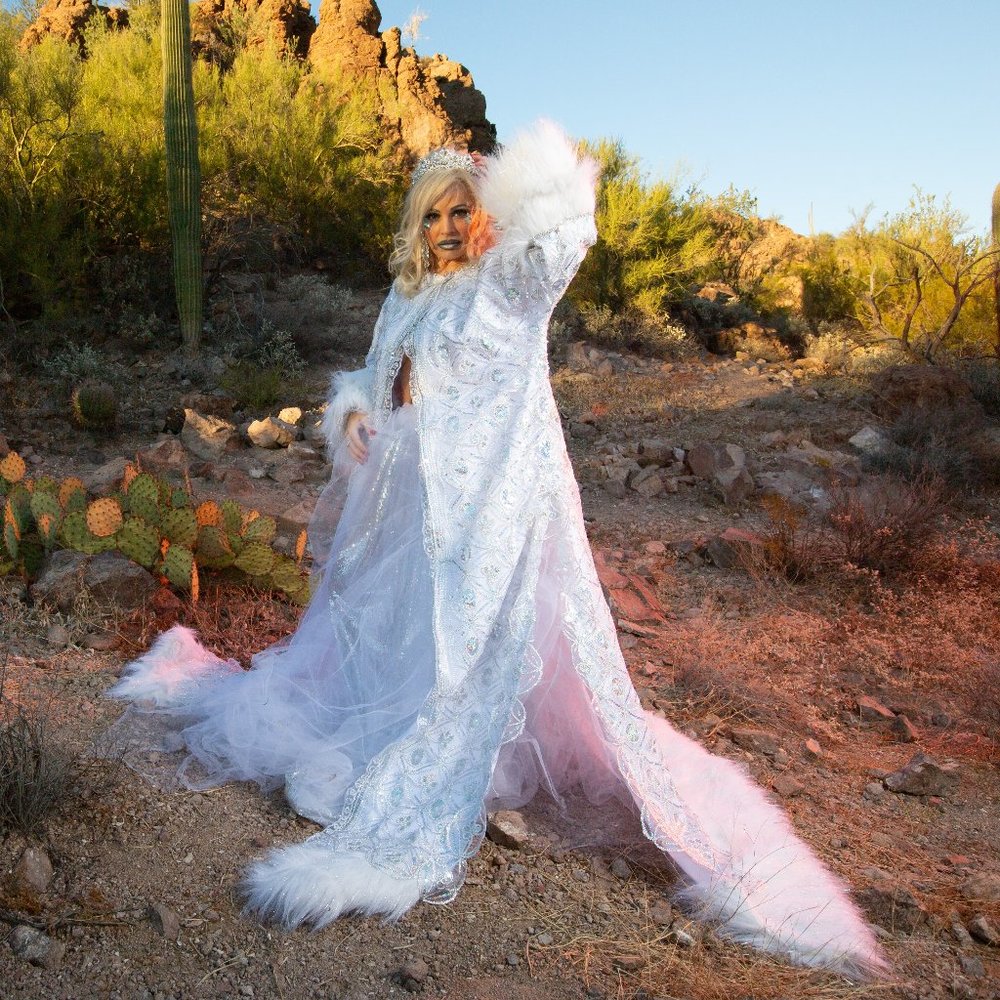 "KERIANN" White Velboa Silver Lace Faux Fox Wedding Coat/Ballgown Skirt/Crown
